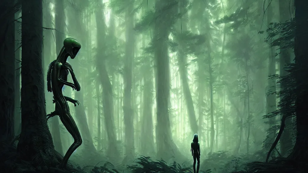 Prompt: alien, lost in the forest, detailed digital art by greg rutkowski.