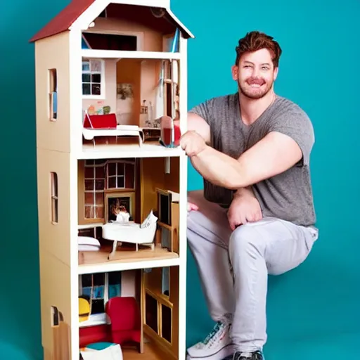 Prompt: A very tall, very strong man sitting on top of a doll house