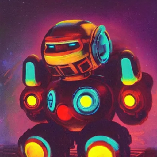 Image similar to a dark and colorful close - up of a sci - fi mecha supermario robot with led lights glowing fog in the background. highly detailed science fiction painting by norman rockwell, frank frazetta, and syd mead. rich colors, high contrast, gloomy atmosphere, dark background. trending on artstation