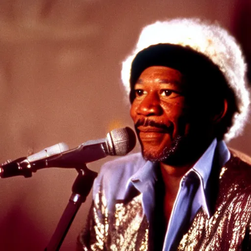 Image similar to a 1970s film still of Morgan Freeman dressed as a funk singer, 40mm lens, shallow depth of field, split lighting