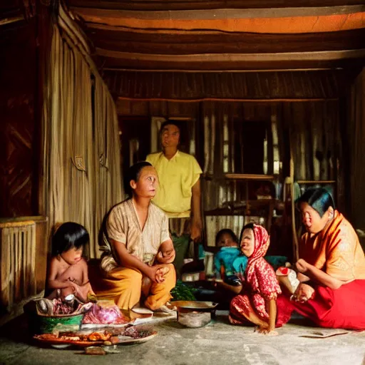 Prompt: a cinematic photograph of an Indonesian family inside their traditional house, by Gregory Crewdson, shot on 35mm film camera, natural lighting, 8K