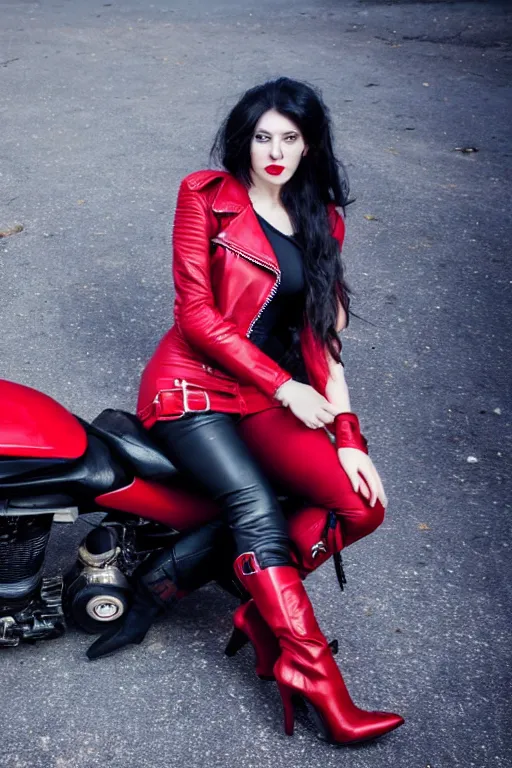 Image similar to full - length photo, young woman, riding a motorcycle, gothic clothes, red high heels, leather jacket, 4 k, colourful