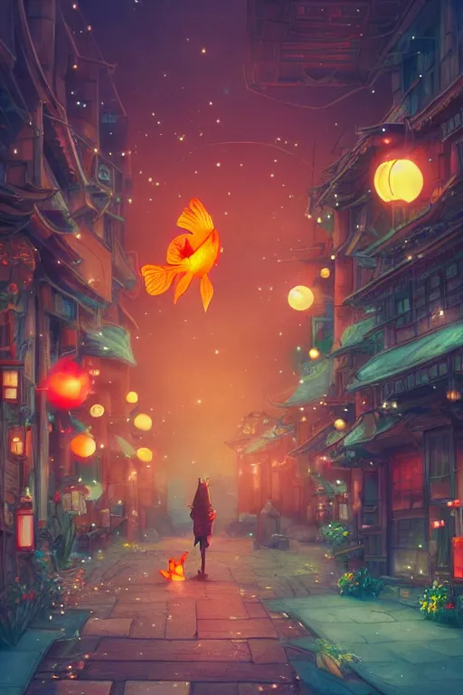 Image similar to fantasy art of glowing goldfish swimming in the air, in the streets of a japanese town at night, with people watching in wonder, in the style of studio ghibli and makoto shinkai, highly detailed digital art, trending on artstation