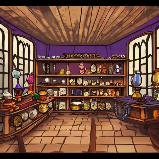 Image similar to inside a magical item shop, fantasy potion vendor interior, ufotable studio art style, wide angle, gothic interior