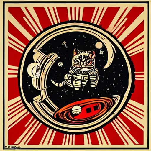 Prompt: a cat astronaut floating in space by Shepard Fairey