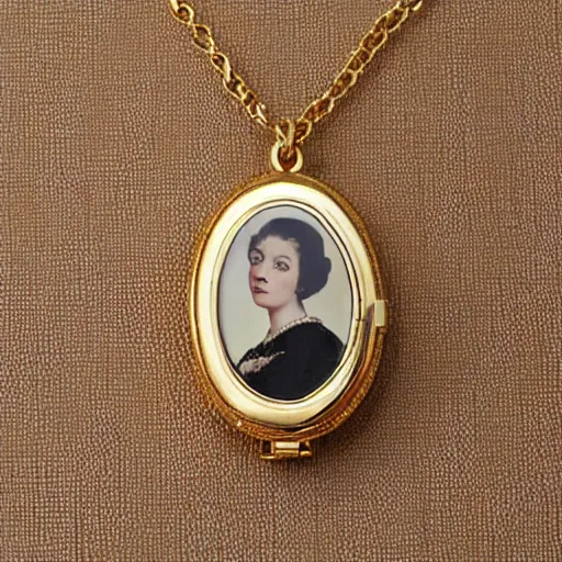 Prompt: open golden locket pendant with a retro photo of an elegant and aesthetic woman portrait, hanging from a closed hand.