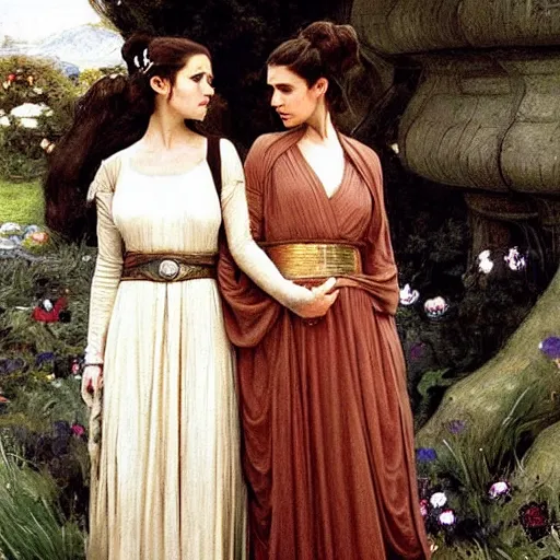 Image similar to !dream princess leia organa and queen padme amidala holding hands, perfect face, perfect body, flirty, full body portrait, drawn by john william waterhouse