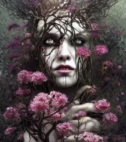 Prompt: a beautiful terrifying female monster portrait black eyes twisted trees, crying tears, bloom made of flowers. ethereal horror fantasy art by greg rutkowski and raymond swanland and monet