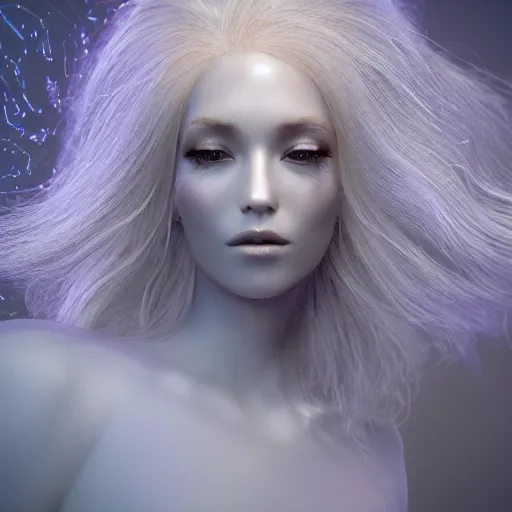 Image similar to beautiful pragmatic face, crystal, platinum, copper, biomechanoid with incredible iridescent pearlescent voluminous fiberoptic hair, crystalline masterpiece implants, hyperdetailed face, elegant pose, movie still, intricate, octane render, cinematic forest lighting, unreal engine, dieselpunk setting, crepuscular rays, god rays.