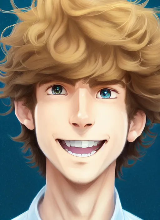 Image similar to young man with medium - length, curly, golden hair, perfectly proportioned face, aquamarine eyes, sweet smile, natural lighting, path traced, highly detailed, high quality, cartoon, digital painting, by new haicheng and studio ghibli