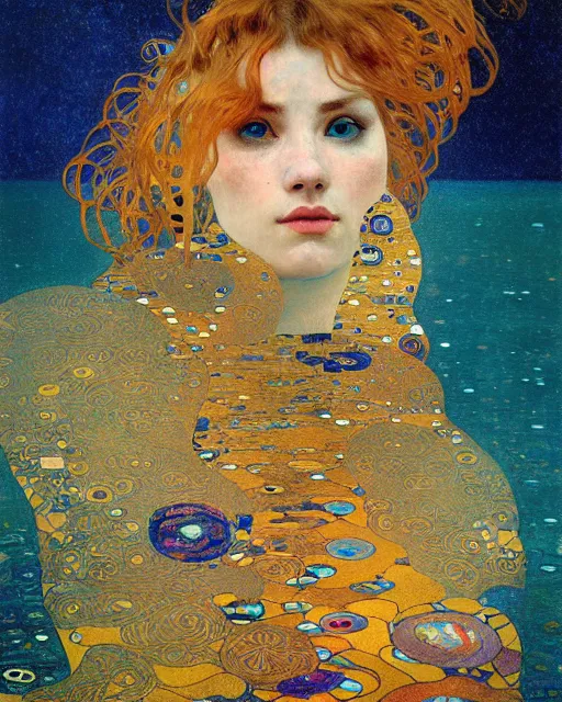 Image similar to ocean cat portrait an oil painting splashes with many colors and shapes by gustav klimt greg rutkowski and alphonse mucha, polycount, generative art, psychedelic, fractalism, glitch art