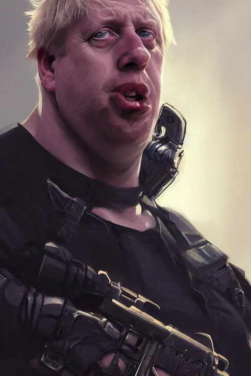 Image similar to Boris Johnson as Punisher, portrait, highly detailed, digital painting, artstation, concept art, sharp focus, illustration, cinematic lighting, art by artgerm and greg rutkowski and alphonse mucha