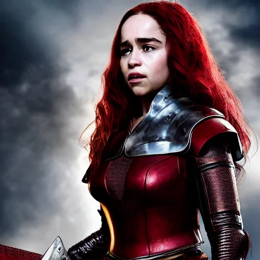 Image similar to emilia clarke, as a medieval fantasy character, with dark red hair, wearing light armor and red clothing, holding a longsword, determined expression, noble, cinematic, dark, realistic, digital art, 8 k