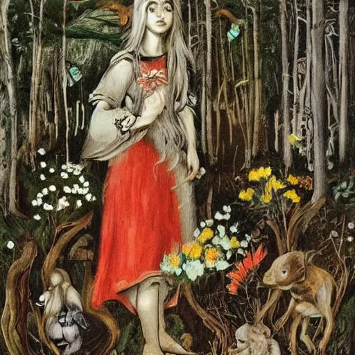 Image similar to In the experimental art Vasilisa can be seen standing in the forest, surrounded by animals. She is holding a basket of flowers in one hand and a spindle in the other. Her face is turned towards the viewer, with a gentle expression. In the background, the forest is depicted as a dark and mysterious place. american romanticism, Pokémon by Lucian Freud, by Marjorie Miller defined, blocks