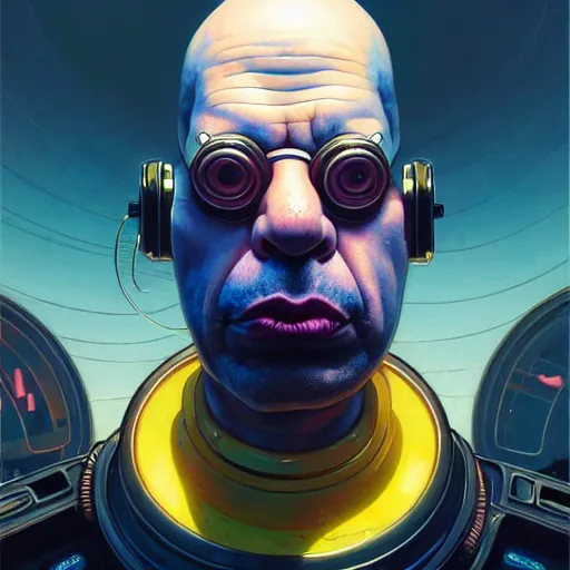 Image similar to portrait painting of cyberpunk homer simpson, ultra realistic, concept art, intricate details, eerie, highly detailed, photorealistic, octane render, 8 k, unreal engine. art by artgerm and greg rutkowski and magali villeneuve and alphonse mucha