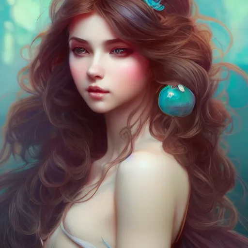 Image similar to beautiful girl with long turqoise hair, cute, intricate, highly detailed, digital painting, trending on artstation, concept art, smooth, sharp focus, illustration, unreal engine 5, 8 k, art by artgerm and greg rutkowski and alphonse mucha