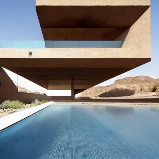 Image similar to brutalism conceptual house in the desert, biophilia mood, pool, garden, highly detailed, cinematic, photorealistic,