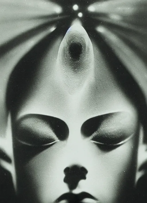 Image similar to female head in a aquarium, lights caustic, tropical fish, surreal photography by Man Ray