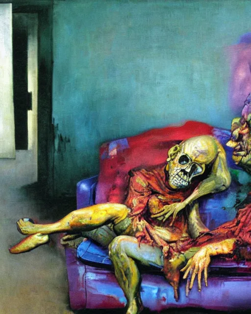 Image similar to thick flowing expressive impasto acrylic painting of an old dead couple sitting on a couch in an old soviet apartment, Beksinski painting, art by Adrian Ghenie and Gerhard Richter. Francis Bacon masterpiece, 2007 93 666