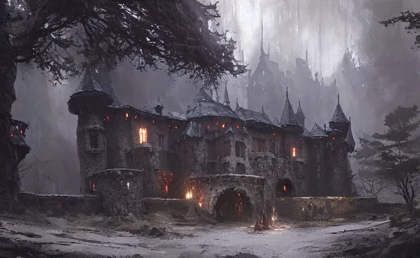 Prompt: painting of a castle in forest by greg rutkowski and Craig Mullins, Dark atmospheric and cinematic lighting