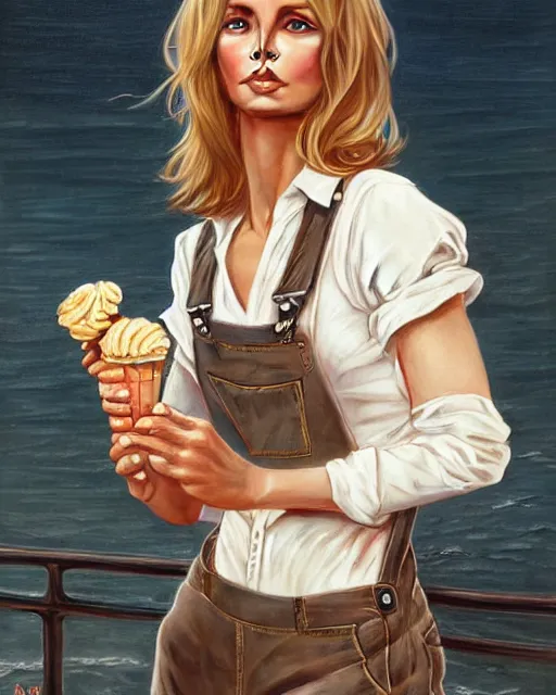 Prompt: portrait of a blonde barbara bach from the bond film wearing dungarees and eating ice creams in porto, real life skin, intricate, elegant, highly detailed, artstation, concept art, smooth, sharp focus, art by artgerm and greg rutkowski and alphonse mucha