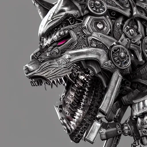 Prompt: A cyberpunk ornate wolf made of engraved full plate armor and gears, Macro shot by Justin Gerard, unreal engine, physically based rendering