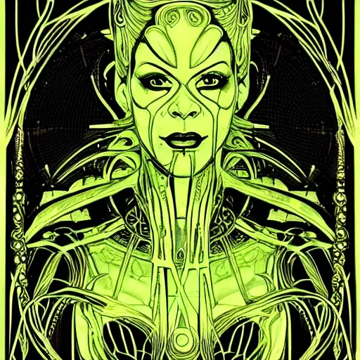 Image similar to Seven of Nine the Borg from star trek, art nouveau, amazing details, intricate details, beautiful ,insane details , tarot card, black paper, neon green, fractal system circuit , in the style of Alphonse Mucha,