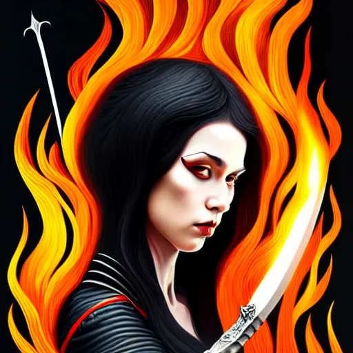 Image similar to portrait, woman with black hair called the lady of ash wielding a sword, elegant, digital illustration, fire magic, detailed, intricate, sharp focus, digital painting