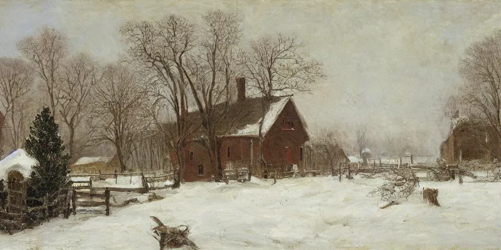 Image similar to a house during a severe winter, by george henry durrie