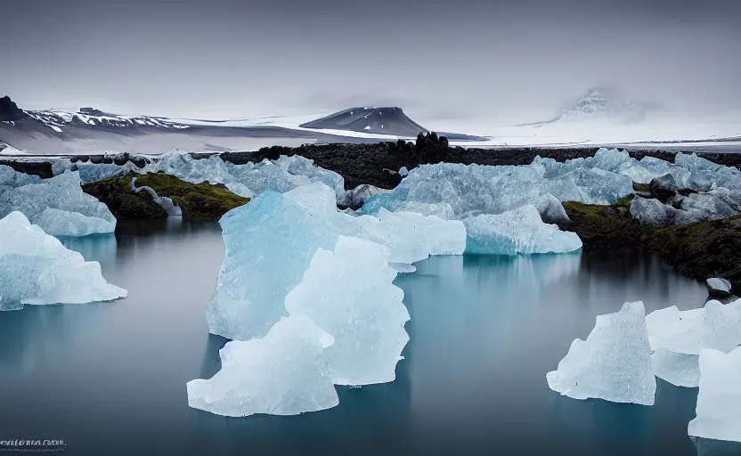 Prompt: icelandic landscape, moody, cinematic, muted colors, glaciers, ice, water