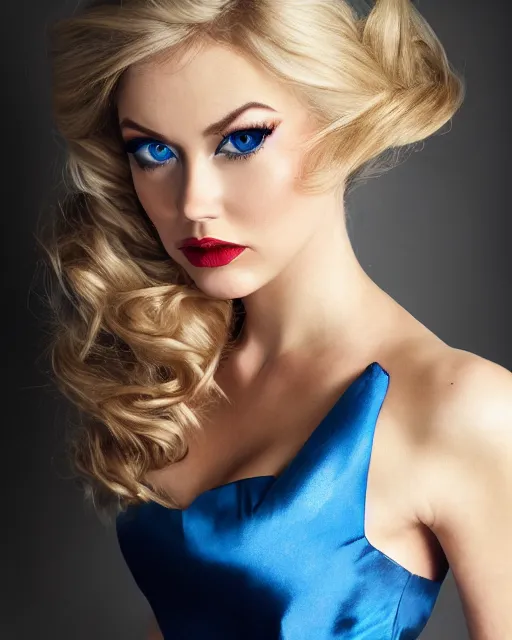 Image similar to side closeup of beautiful cute blonde - haired blue - eyed female wearing elegant silk dress and high - heels, lipstick, award winning full - length photography, extremely detailed, artstation, 8 k, sensual lighting, incredible art, wlop, pixar, disney, artgerm, backlit, rim lighting, hi - fructose