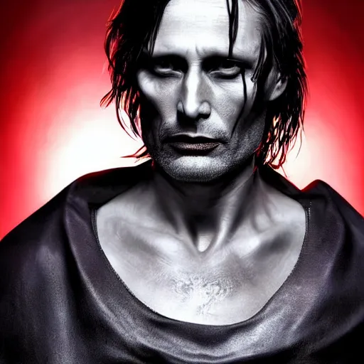 Prompt: mads mikkelsen as a vampire, male, late - 4 0 s aged, shoulder length hair, slicked black hair, red eyes, clean shaven, wearing a cape, regal, royal, grim facial expression, high medieval fantasy, full color digital art, cinematic shot, full body shot.