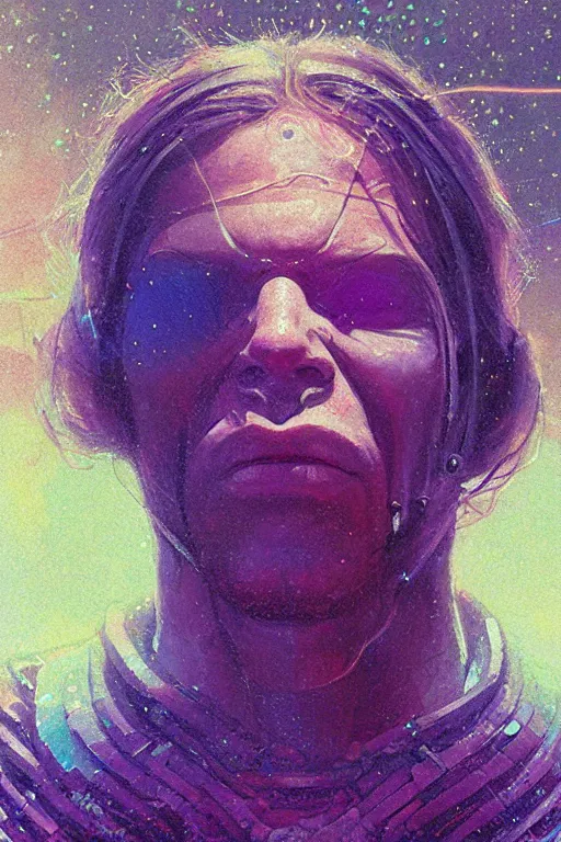 Prompt: A portrait of sad and serious Aphex Twin as a cyberpunk, iridescent highlights, background of digital greebles, highly detailed, intricate, soft, sci-fi, sharp focus, glowing lines, art by Ruan Jia and Moebius