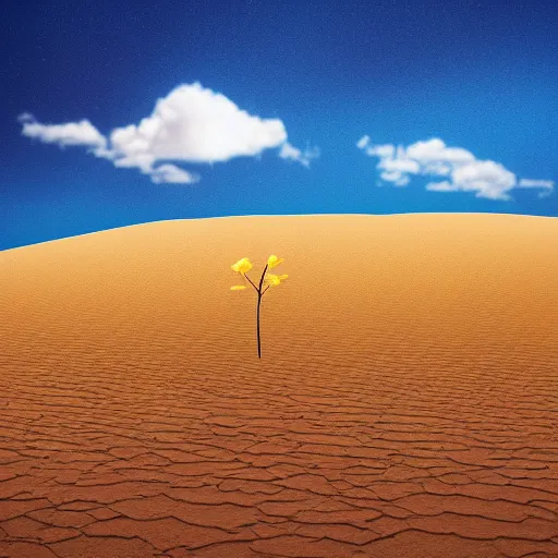 Prompt: a sandy desert landscape with a few flower petals floating in the wind, digital art