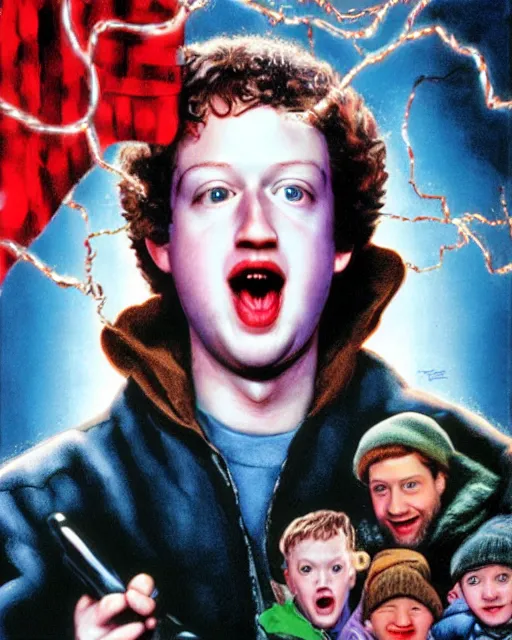 Image similar to mark zuckerberg as kevinin in home alone, airbrush, drew struzan illustration art, key art, movie poster