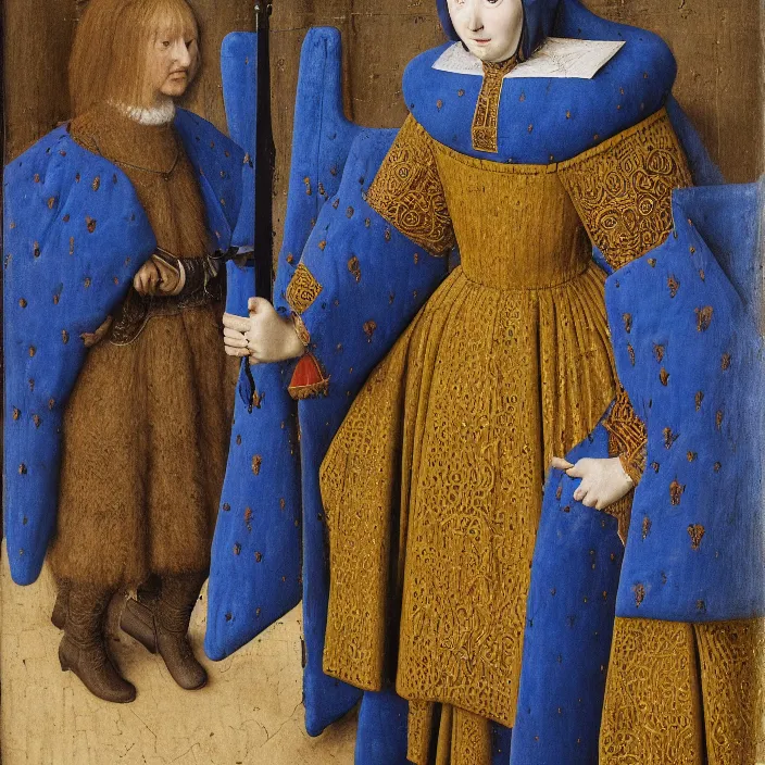 Image similar to woman in medieval armor with the pillow blue monster. jan van eyck