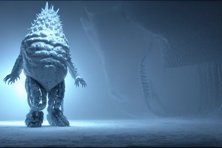 Image similar to huge bulky ice creature made out of a humanoid nervous system with large meaty spikes all over the body, cinematic, volumetric lighting, f 8 aperture, cinematic eastman 5 3 8 4 film, photorealistic