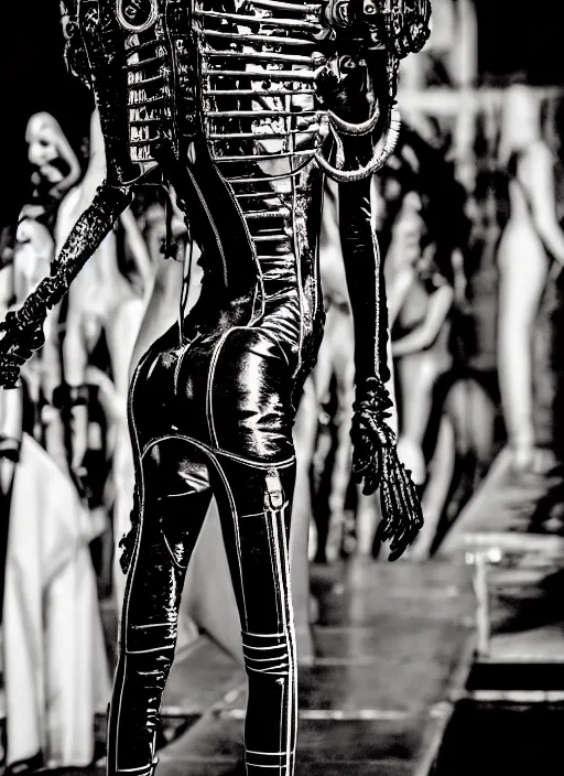 Image similar to walking down the catwalk, steven klein, show, stage, vogue photo, podium, h. r. giger organic steampunk fashion show photo,, beautiful woman, full body shot, masterpiece, inflatable shapes, white biomechanical details, highly detailed