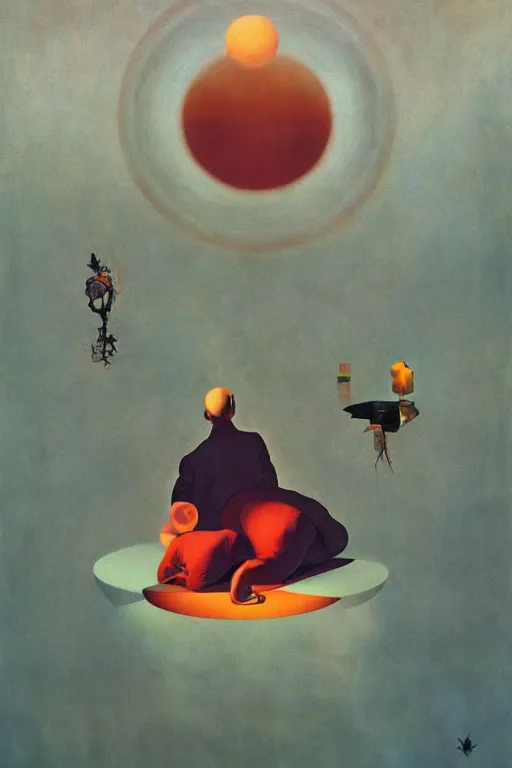 Prompt: hovering indecision, surrealist painting, volumetric light, isometric, liminal, by karel thole, by esao andrews, by max ernst, by james jean, oil on canvas,
