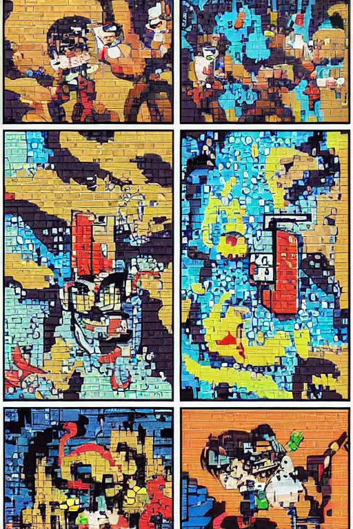 Prompt: A comic book page of abstract pixel art graffiti