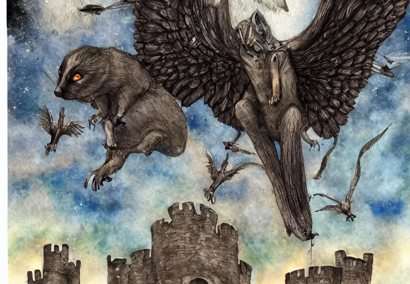 Image similar to epic winged possum flying over a medieval castle under a dark starred sky, dark fantasy, watercolor, dreaming illusion, highly detailed, 4k, trending on Artstation, award-winning