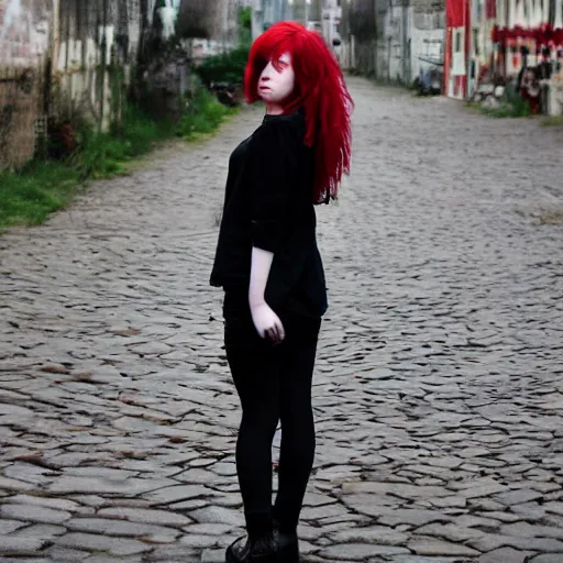 Prompt: a pale emo girl, messy black and red hair, waist length, british street background, flickr, 2 0 0 6