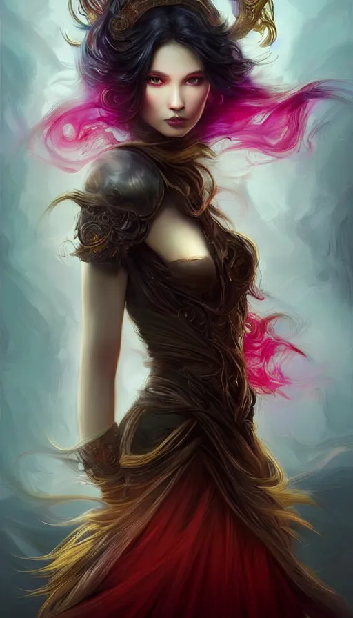 Image similar to portrait of magical archer , dark fantasy, gradient red black, dreamy and ethereal, (colour) eyes, one head, golden ratio, peaceful expression, ornate frilly dress, fantasy, intricate, elegant, rainbow bubbles, highly detailed, digital painting, artstation, concept art, smooth,b sharp focus, illustration, art by artgerm and greg rutkowski and alphonse mucha