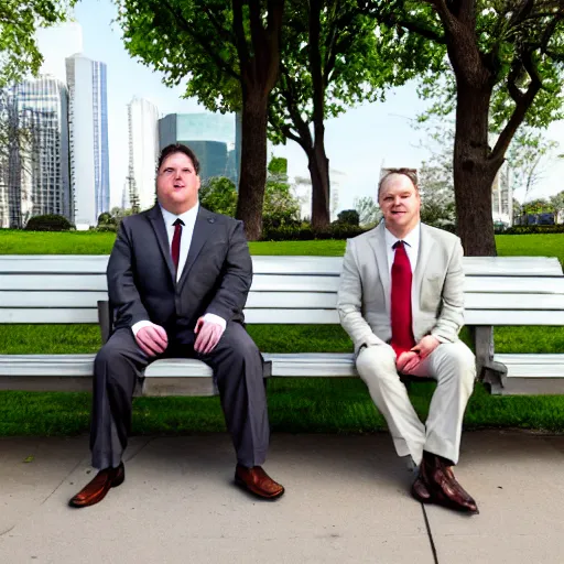 Image similar to two clean - shaven chubby white men in suits and neckties sitting on a park bench, holding manila folders.