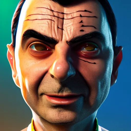 Image similar to mr bean portrait, cyberpunk 2 0 7 7, cyberpunk, photorealistic, ultra detailed, neon, octane, bokeh, cinematic lighting, cyber, cyberpunk city, studio quality, feature, scars, cyberface, 8 k