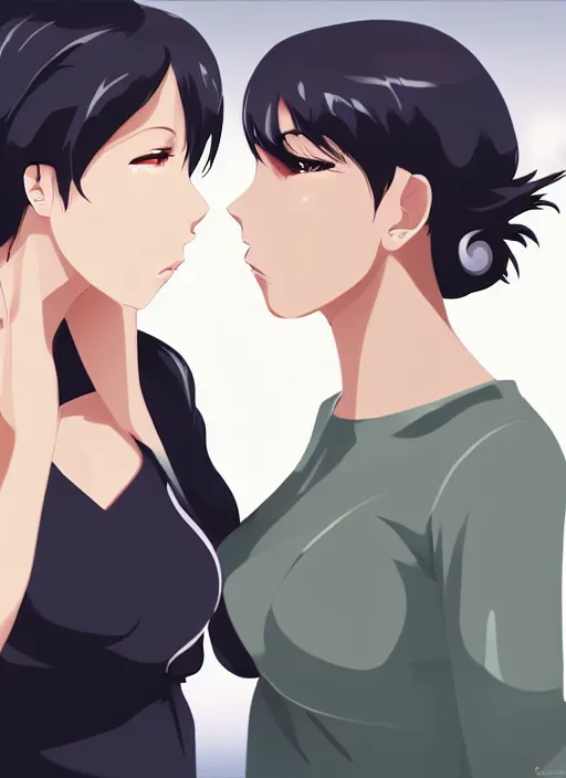 Image similar to two beautiful mothers face to face taunting each other, at the office, office clothes, gorgeous faces, smooth, cinematic lighting, detailed anime art