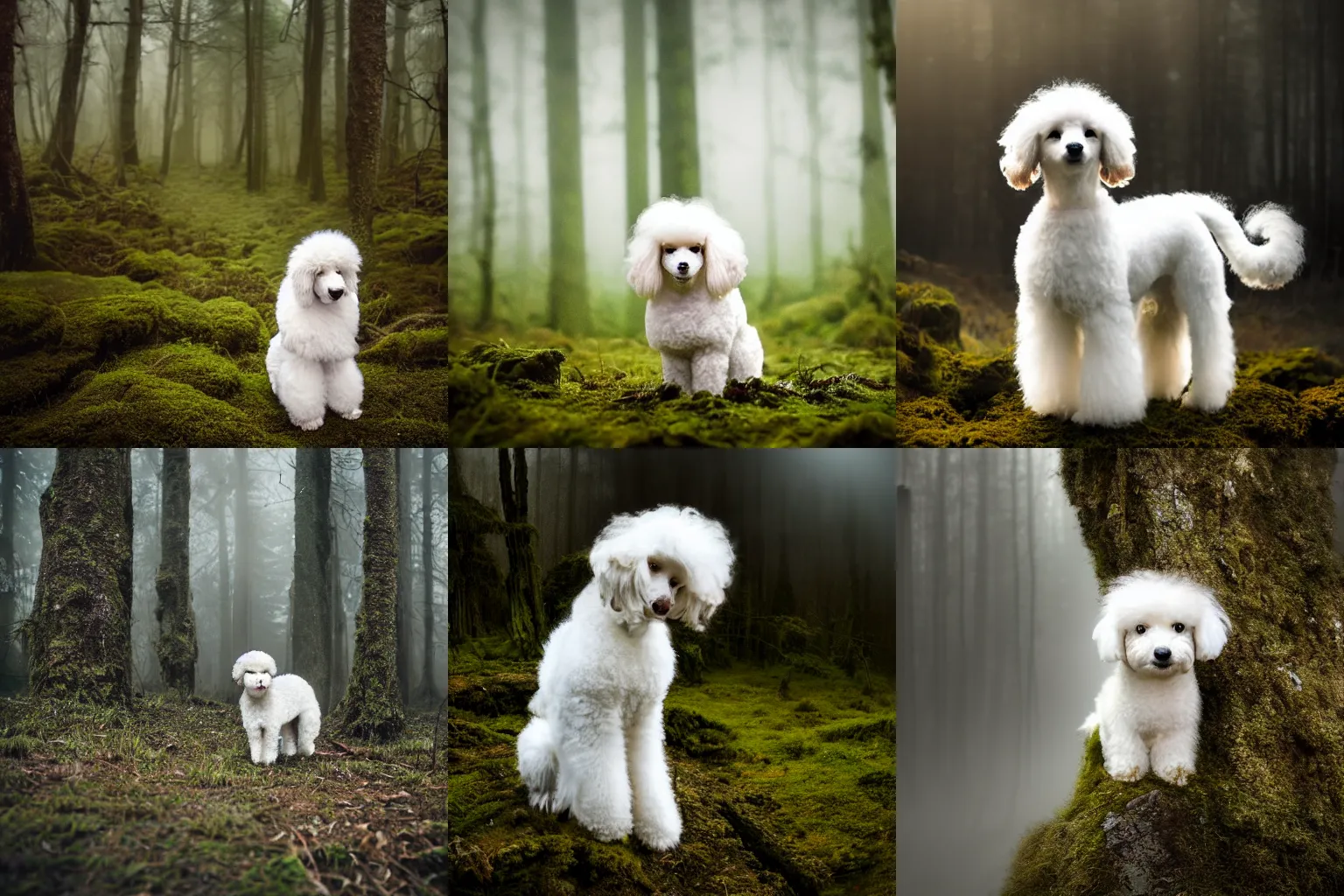 Prompt: high detail photo extreme long shot of a small abandoned white poodle sitting alone in the mossy foggy forest at night, bright moonlight, wide angle photography, desolate, atmospheric, hazy, 8k