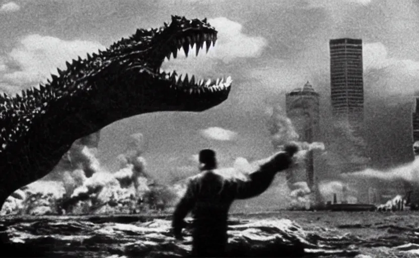 Image similar to a filmstill of Kim Jong-il and a starfish monster destroying Pyongyang, in Godzilla (1954) by Ishirō Honda, epic ultrawide shot, cinémascope
