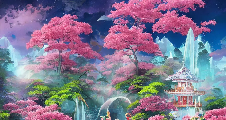 Image similar to a large mystic shrine in a field of flowers, hiroshi nagai, john berkey, mad dog jones, breath - taking beautiful flowers, streams, nebula, and mist, an aesthetically pleasing, dynamic, energetic, lively, complex, intricate, detailed, well - designed digital art of magic, streams, flowers, and mist, early morning, light and shadow