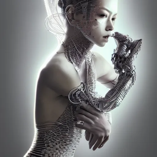 Prompt: the portrait of an absurdly beautiful, graceful, sophisticated, fashionable cyberpunk gravure idol, an ultrafine hyperdetailed illustration by kim jung gi, irakli nadar, matt wisniewski, fashion photography, intricate linework, iridescent wiring, porcelain skin, unreal engine 5 highly rendered, global illumination, radiant light, detailed and intricate environment